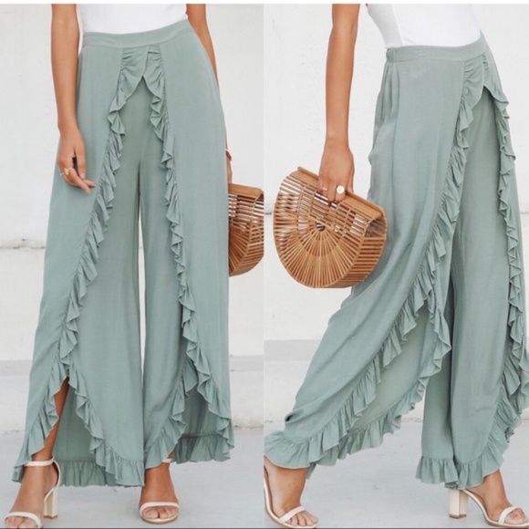 Boho sage ruffle detail slit palazzo pants Lounge - Picture 5 of 8